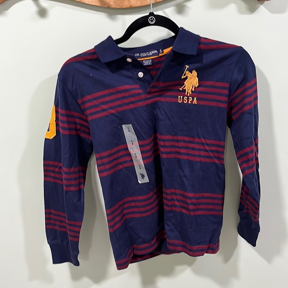 NWT U.S Polo Assn. size small (8) long sleeve blue w/red striped collared shirt